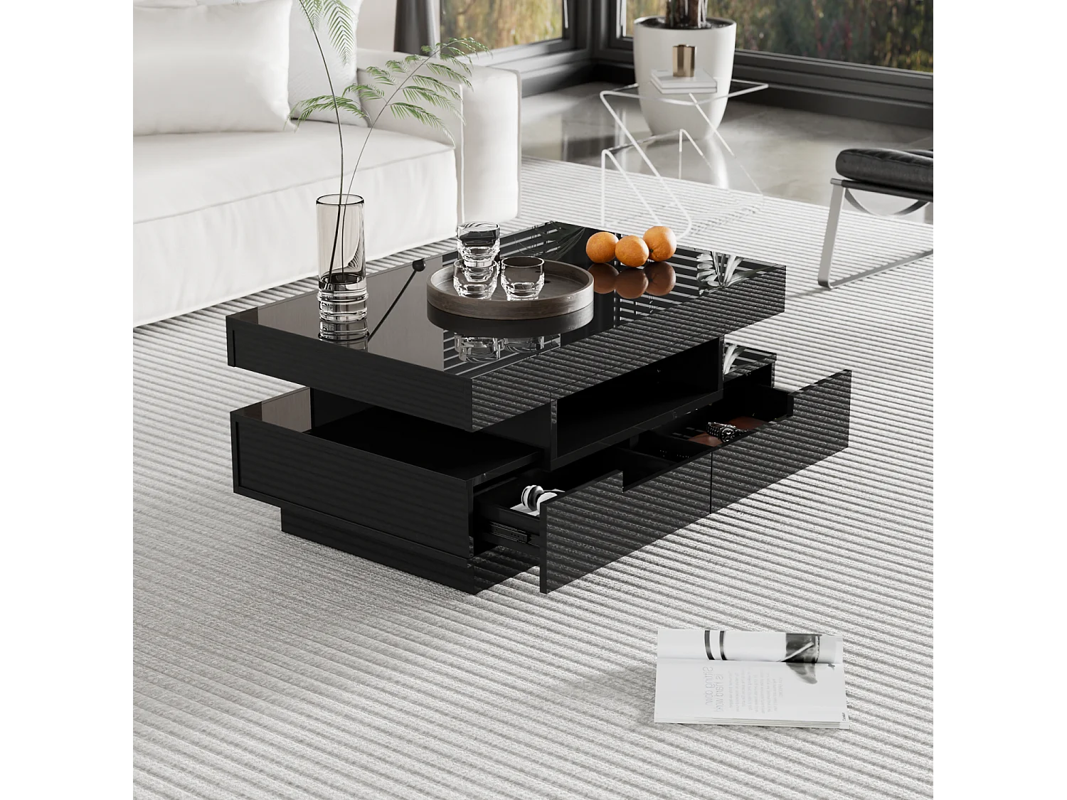 Tavolino da caffè nero - tavolino da caffè lucido con striscia luminosa a LED - 4 cassetti - per soggiorno e ufficio