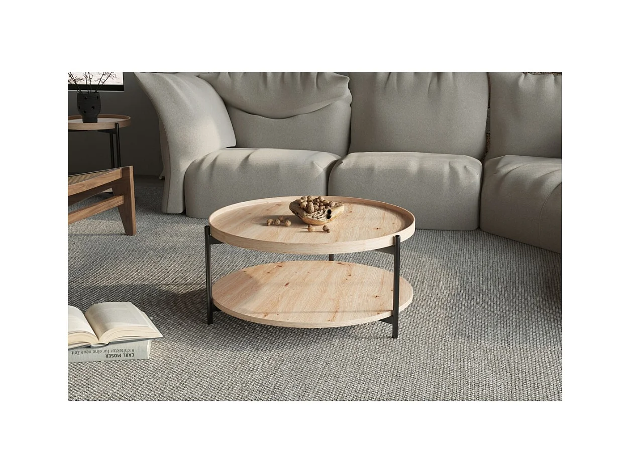 Mesa baja NORWYN – Color roble envejecido – Mesa baja redonda Ø80 cm – MDF – Diseño original