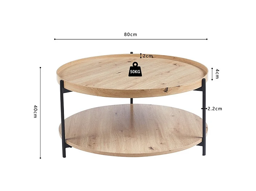 Mesa baja NORWYN – Color roble envejecido – Mesa baja redonda Ø80 cm – MDF – Diseño original