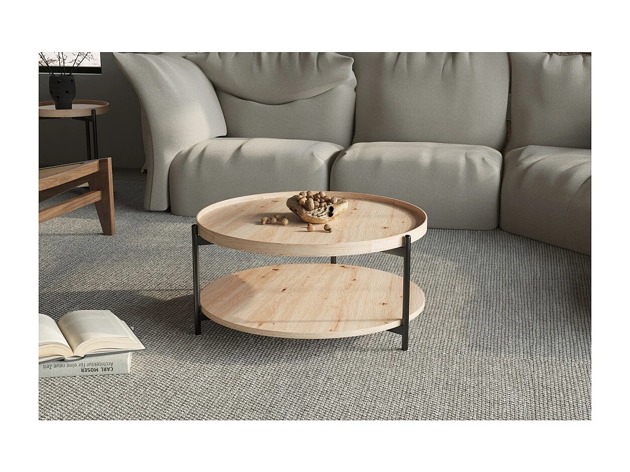 Table basse NORWYN – Coloris chêne vieilli – Table basse ronde Ø80 cm – MDF – Design original