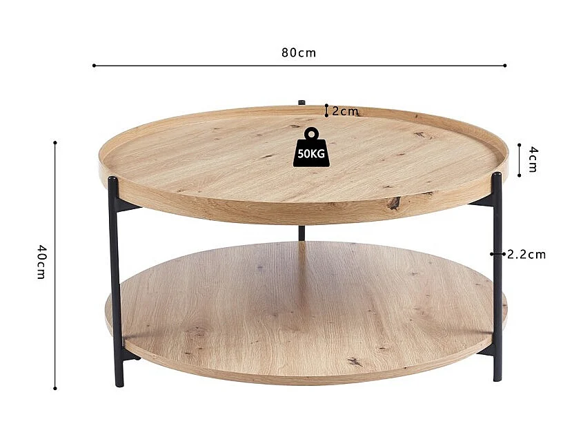 Table basse NORWYN – Coloris chêne vieilli – Table basse ronde Ø80 cm – MDF – Design original