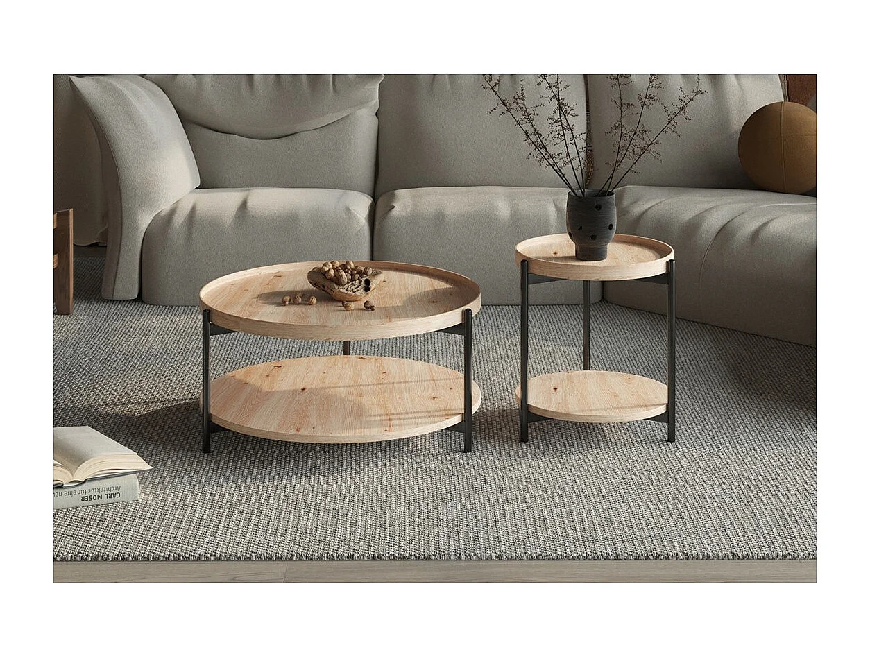 Table basse NORWYN – Coloris chêne vieilli – Table basse ronde Ø80 cm – MDF – Design original