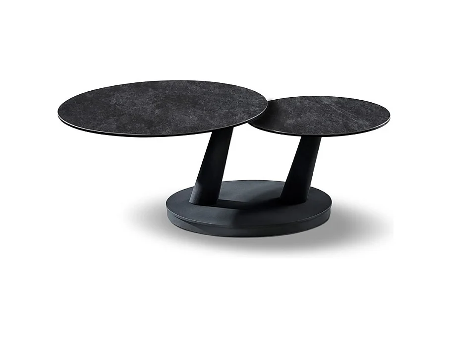 Table baixa VIRELLO – Mesa de centro redonda Ø80 cm – Pedra natural cinza escura & metal – Design contemporâneo e robusto