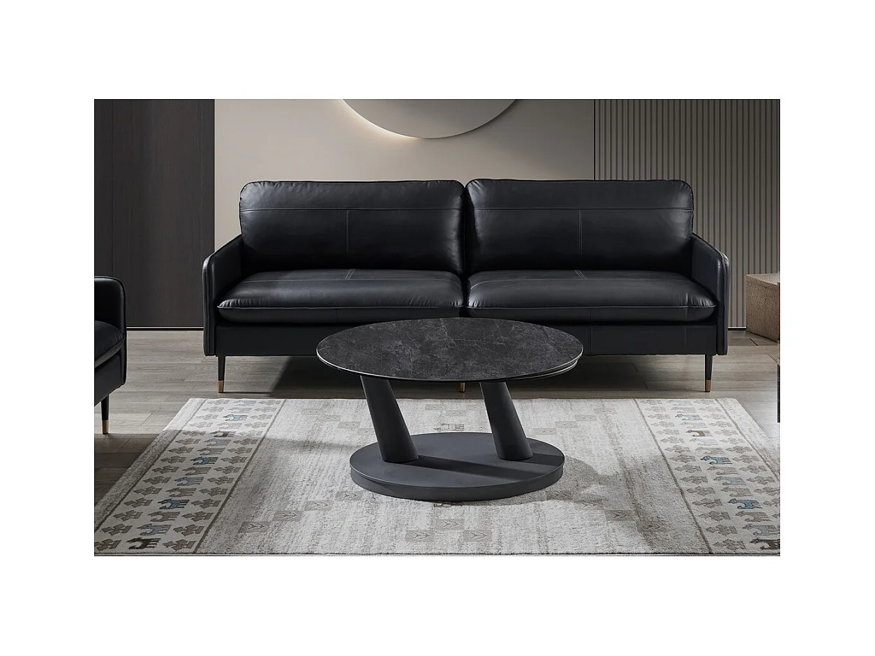 Table baixa VIRELLO – Mesa de centro redonda Ø80 cm – Pedra natural cinza escura & metal – Design contemporâneo e robusto