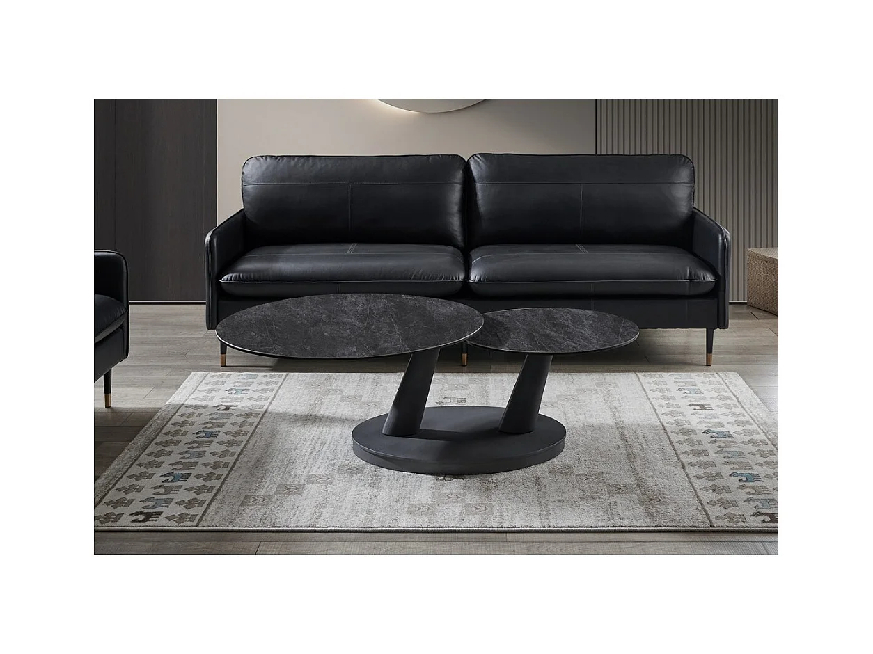 Table baixa VIRELLO – Mesa de centro redonda Ø80 cm – Pedra natural cinza escura & metal – Design contemporâneo e robusto