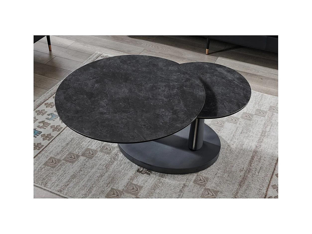 Table baixa VIRELLO – Mesa de centro redonda Ø80 cm – Pedra natural cinza escura & metal – Design contemporâneo e robusto