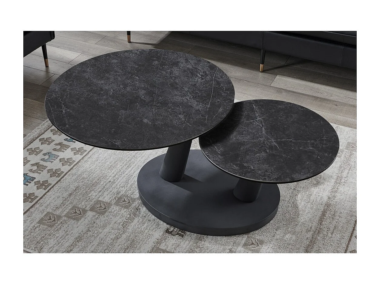Table baixa VIRELLO – Mesa de centro redonda Ø80 cm – Pedra natural cinza escura & metal – Design contemporâneo e robusto