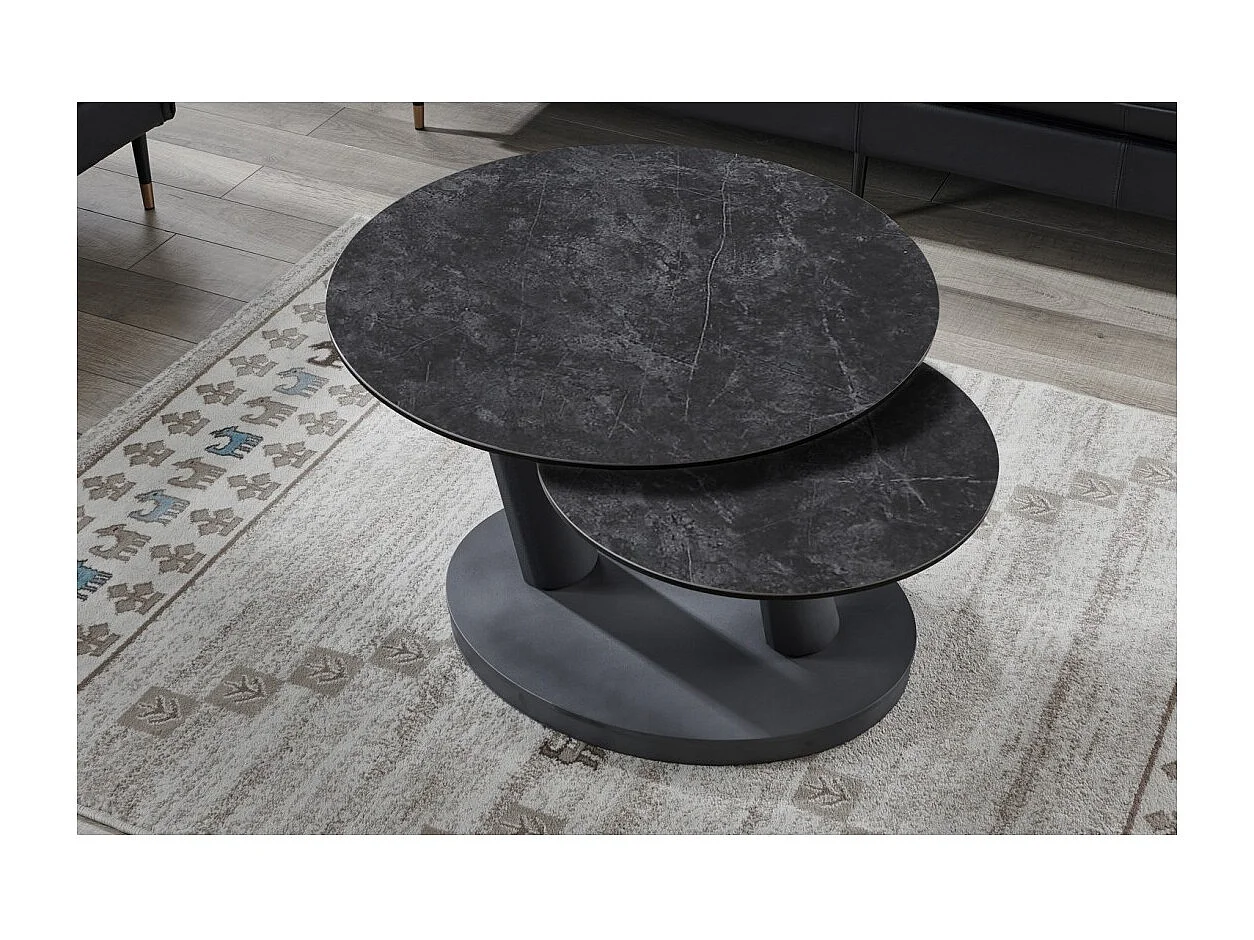 Table baixa VIRELLO – Mesa de centro redonda Ø80 cm – Pedra natural cinza escura & metal – Design contemporâneo e robusto