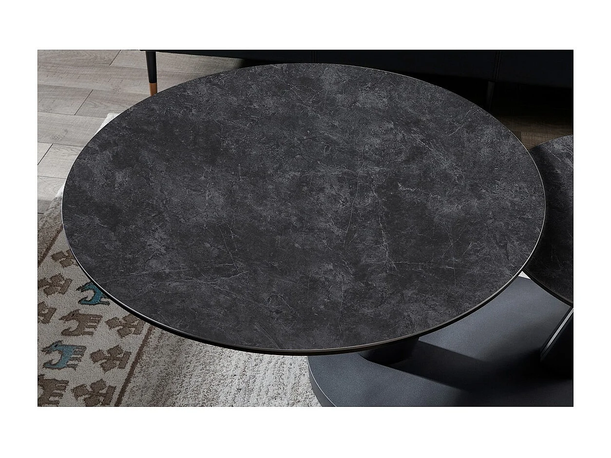Table baixa VIRELLO – Mesa de centro redonda Ø80 cm – Pedra natural cinza escura & metal – Design contemporâneo e robusto