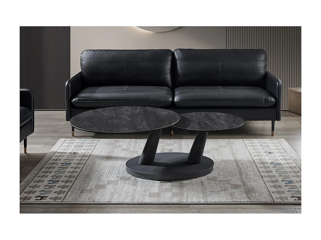 Table basse VIRELLO – Table basse ronde Ø80 cm – Pierre naturelle gris foncé & métal – Design contemporain et robuste