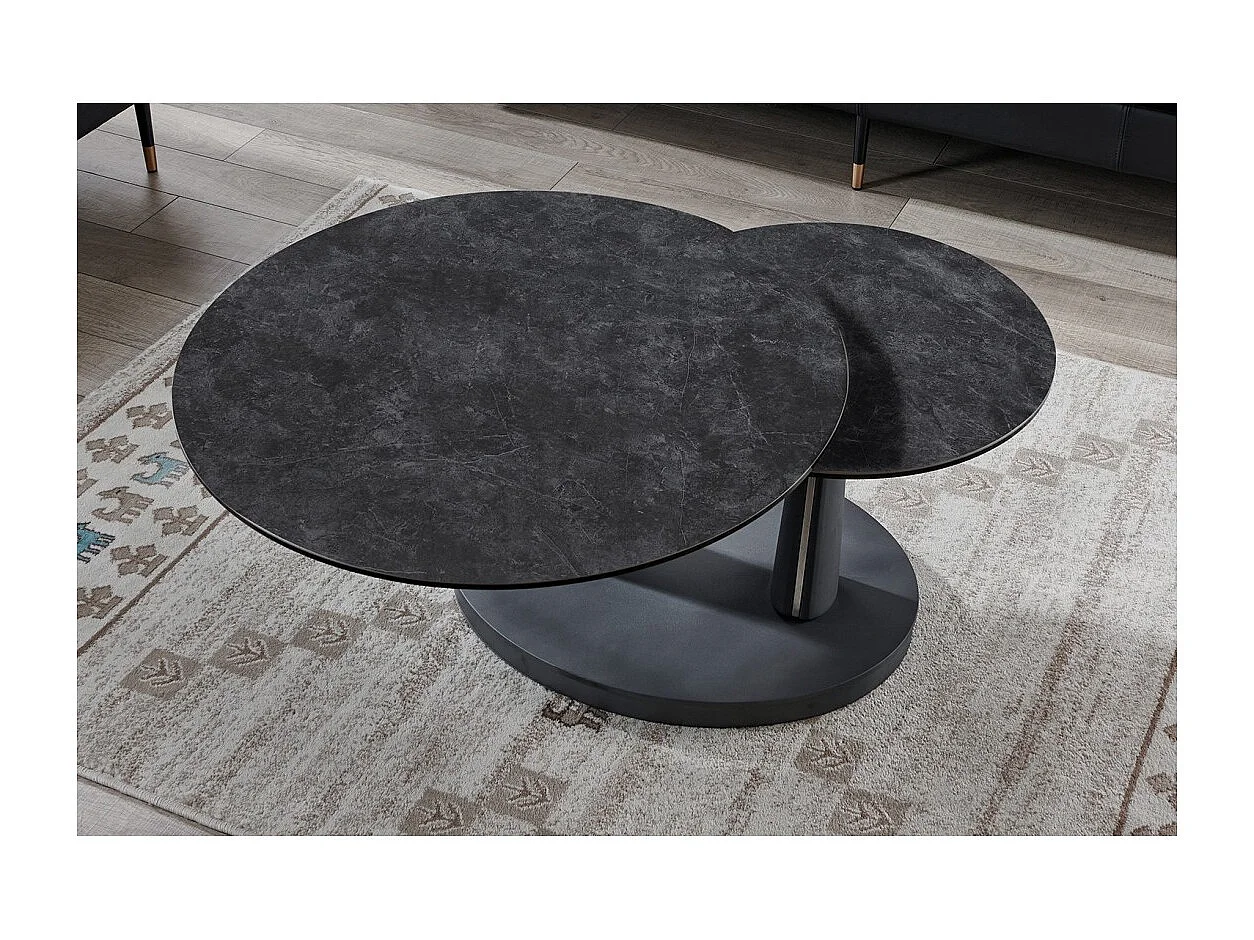 Table basse VIRELLO – Table basse ronde Ø80 cm – Pierre naturelle gris foncé & métal – Design contemporain et robuste