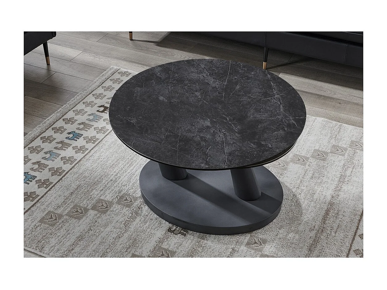 Table basse VIRELLO – Table basse ronde Ø80 cm – Pierre naturelle gris foncé & métal – Design contemporain et robuste