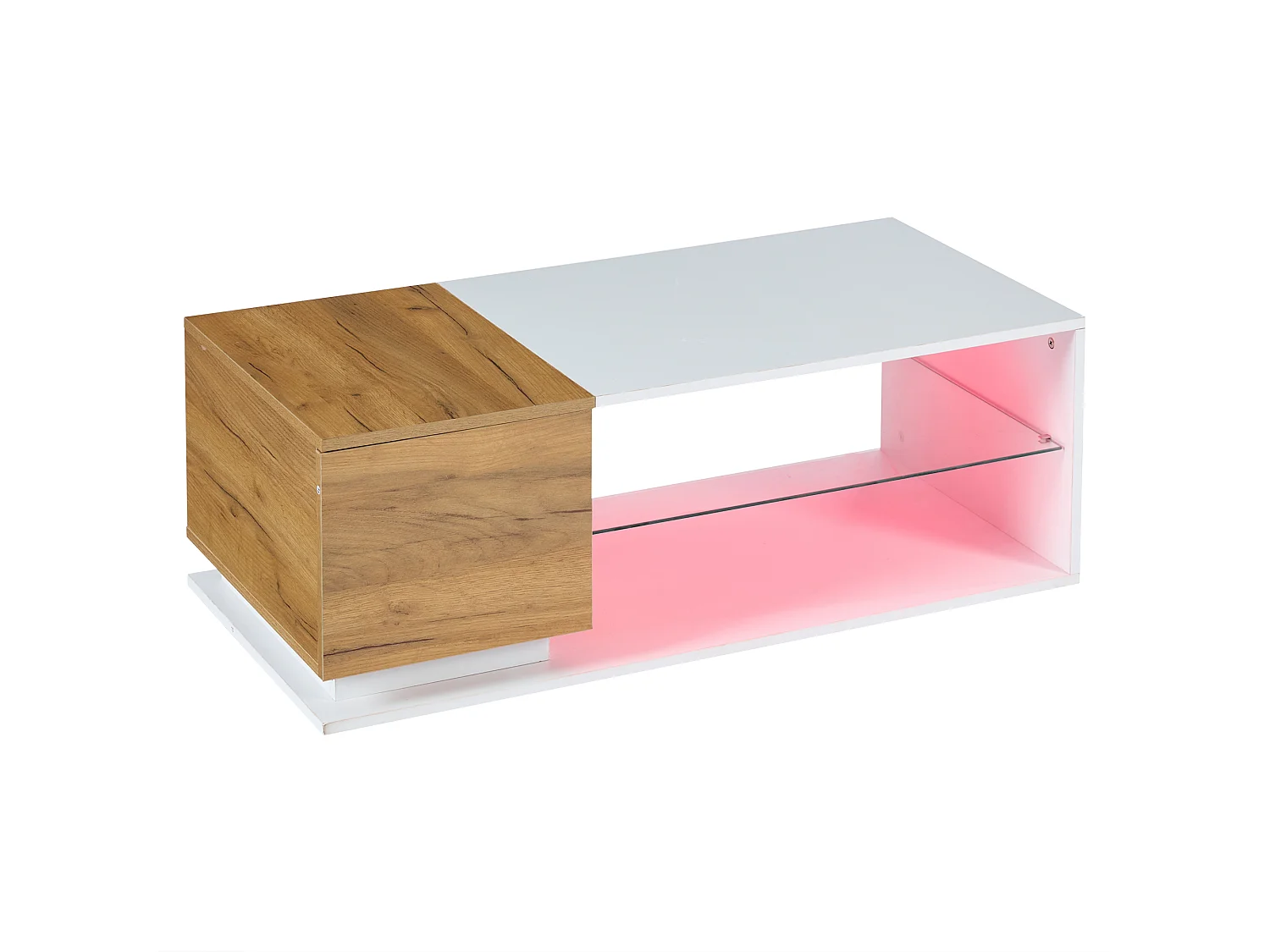 Mesa de centro com 1 porta e LED, 1 prateleira aberta em vidro temperado, lacado branco e madeira natural clara