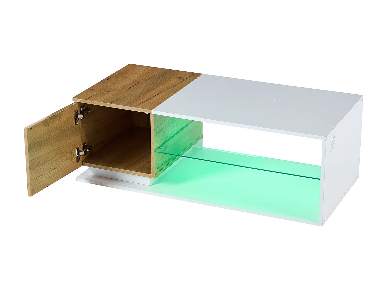 Mesa de centro com 1 porta e LED, 1 prateleira aberta em vidro temperado, lacado branco e madeira natural clara