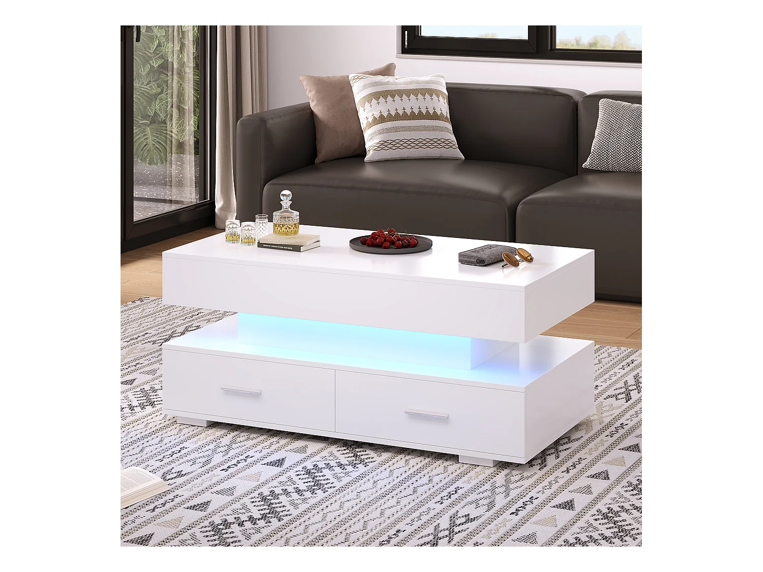 Table basse blanc - avec 2 tiroirs et plateau relevable hydraulique - éclairage LED - pour salon et salle à manger