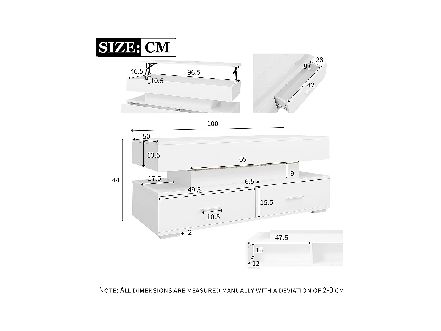 Table basse blanc - avec 2 tiroirs et plateau relevable hydraulique - éclairage LED - pour salon et salle à manger
