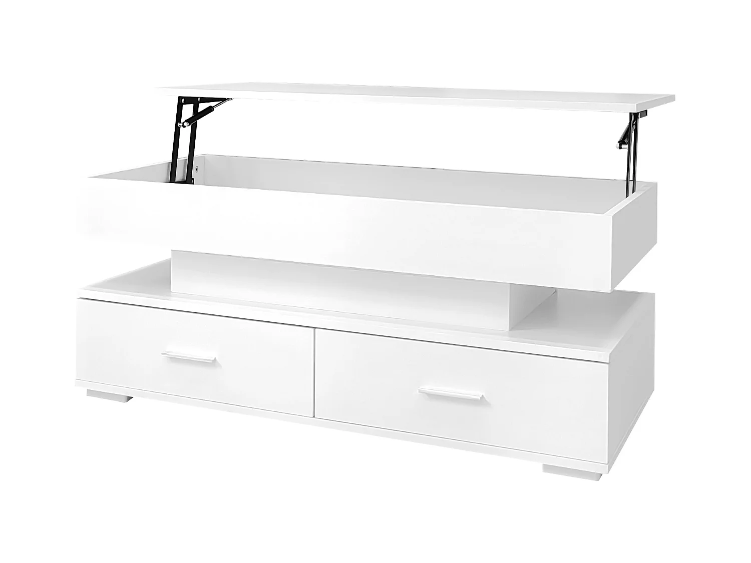 Table basse blanc - avec 2 tiroirs et plateau relevable hydraulique - éclairage LED - pour salon et salle à manger