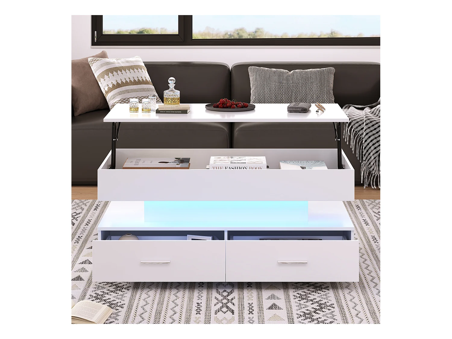 Table basse blanc - avec 2 tiroirs et plateau relevable hydraulique - éclairage LED - pour salon et salle à manger