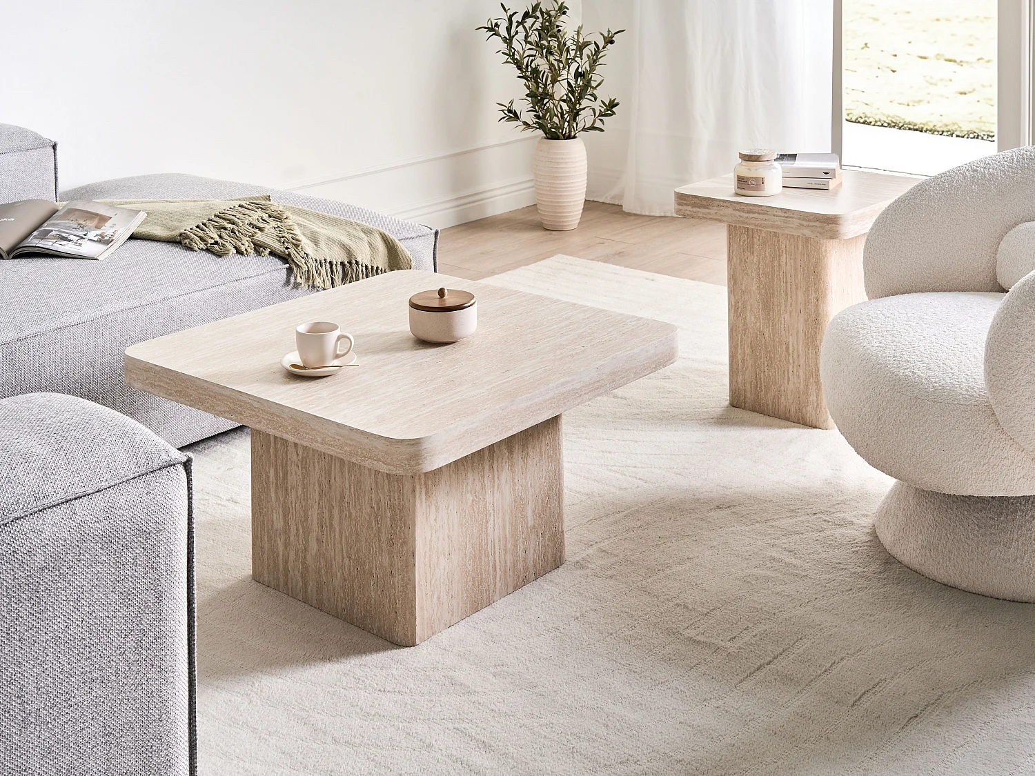 Couchtisch MDF-Platte Travertinoptik Modernes Design Beige 80 x 80 cm Duson