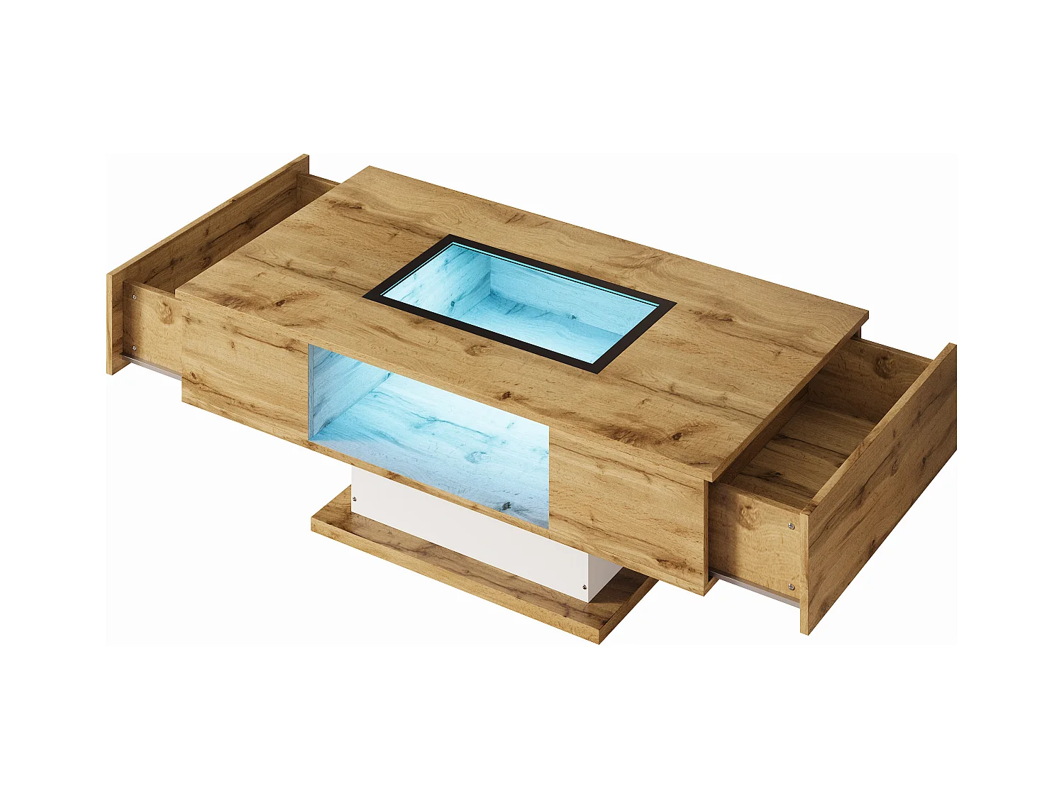 Table basse avec 2 tiroirs et compartiment de rangement central, LED inclus,  corps en woodgrain naturel clair et blanc