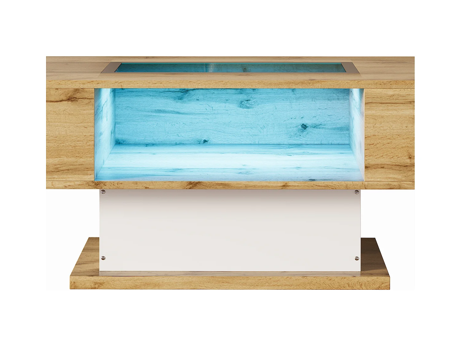 Table basse avec 2 tiroirs et compartiment de rangement central, LED inclus,  corps en woodgrain naturel clair et blanc