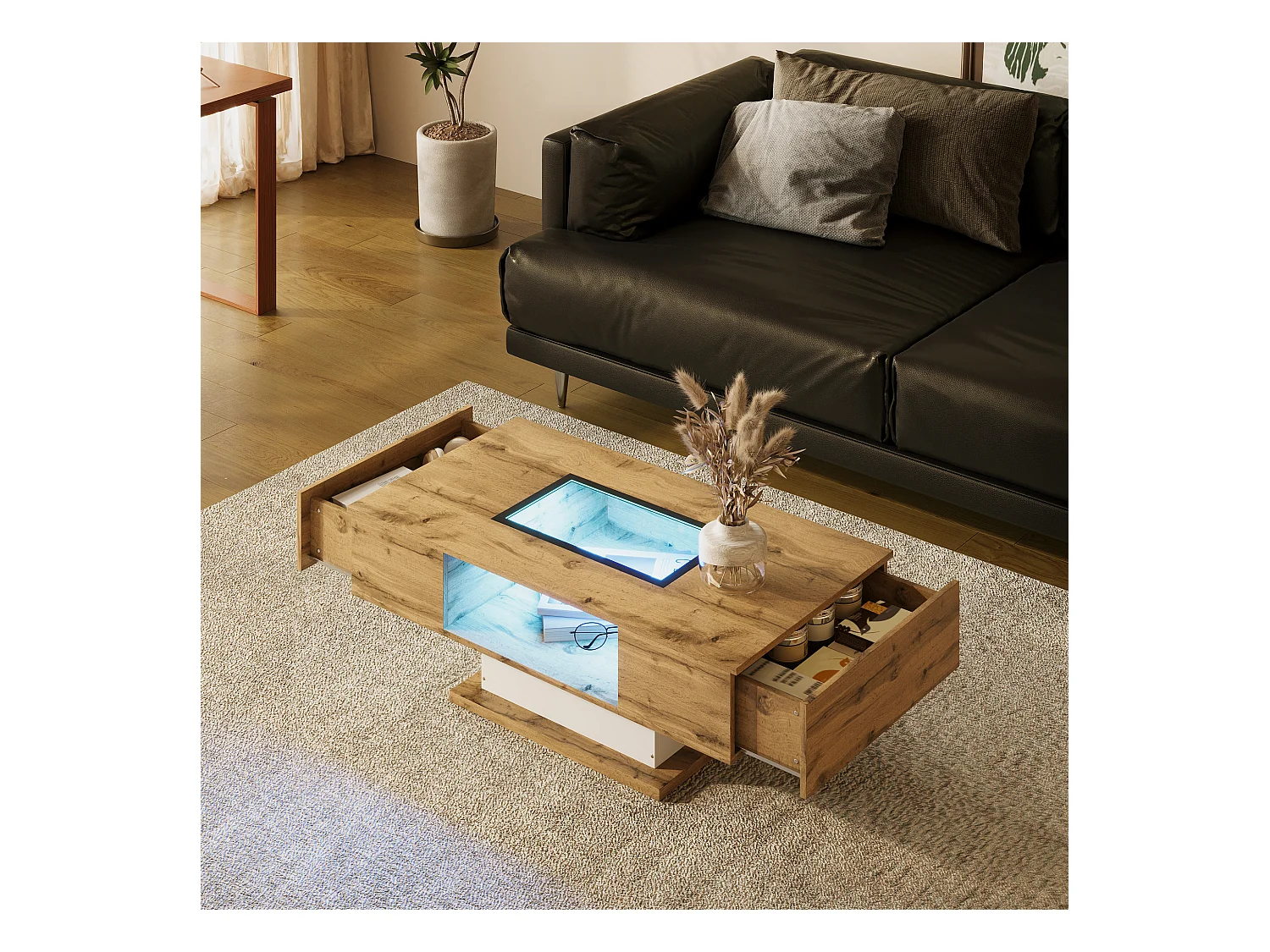 Table basse avec 2 tiroirs et compartiment de rangement central, LED inclus,  corps en woodgrain naturel clair et blanc