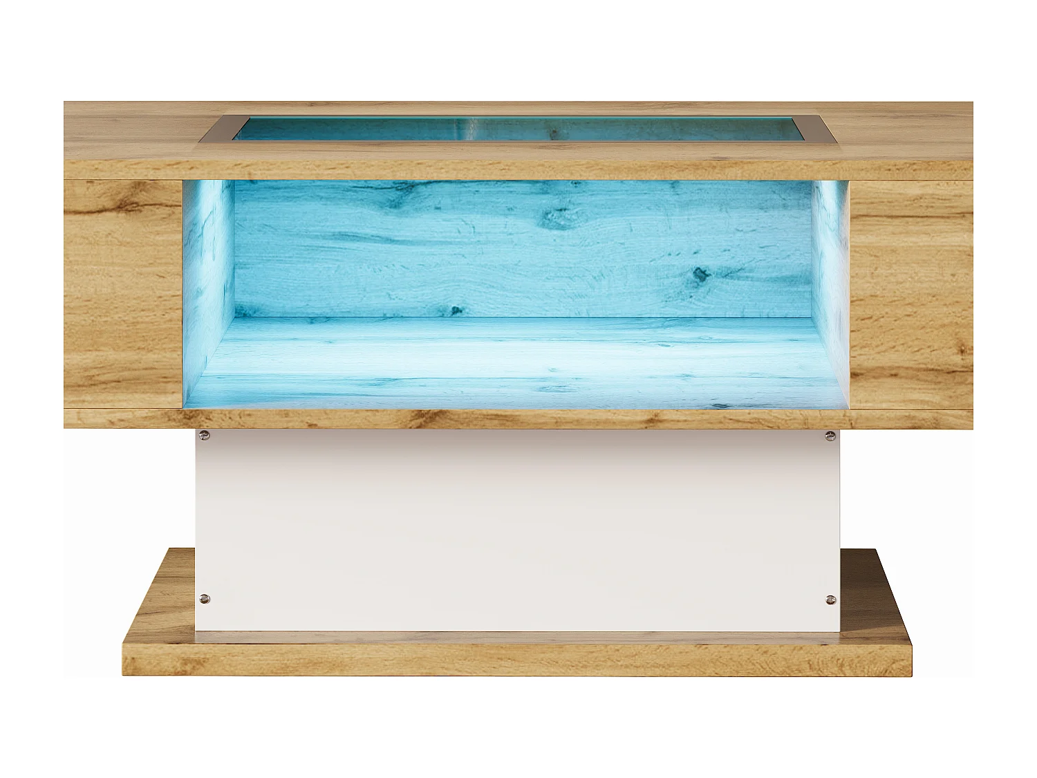 Table basse avec 2 tiroirs et compartiment de rangement central, LED inclus,  corps en woodgrain naturel clair et blanc