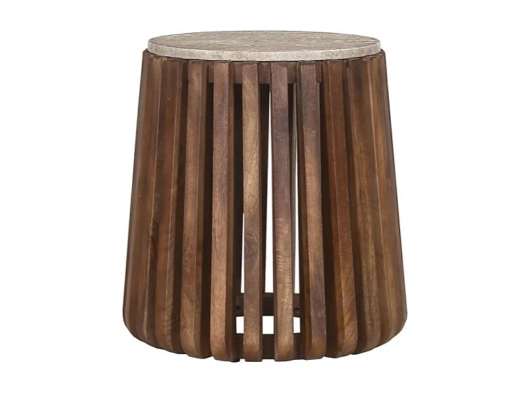 Mesa baja MAELORA – Mesa baja redonda Ø40 cm – Madera de mango & travertino – Diseño natural y compacto