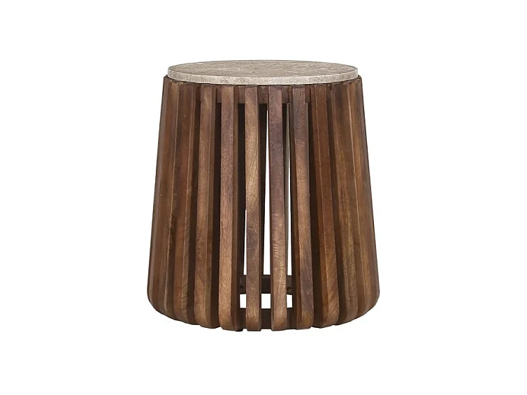 Mesa baja MAELORA – Mesa baja redonda Ø40 cm – Madera de mango & travertino – Diseño natural y compacto