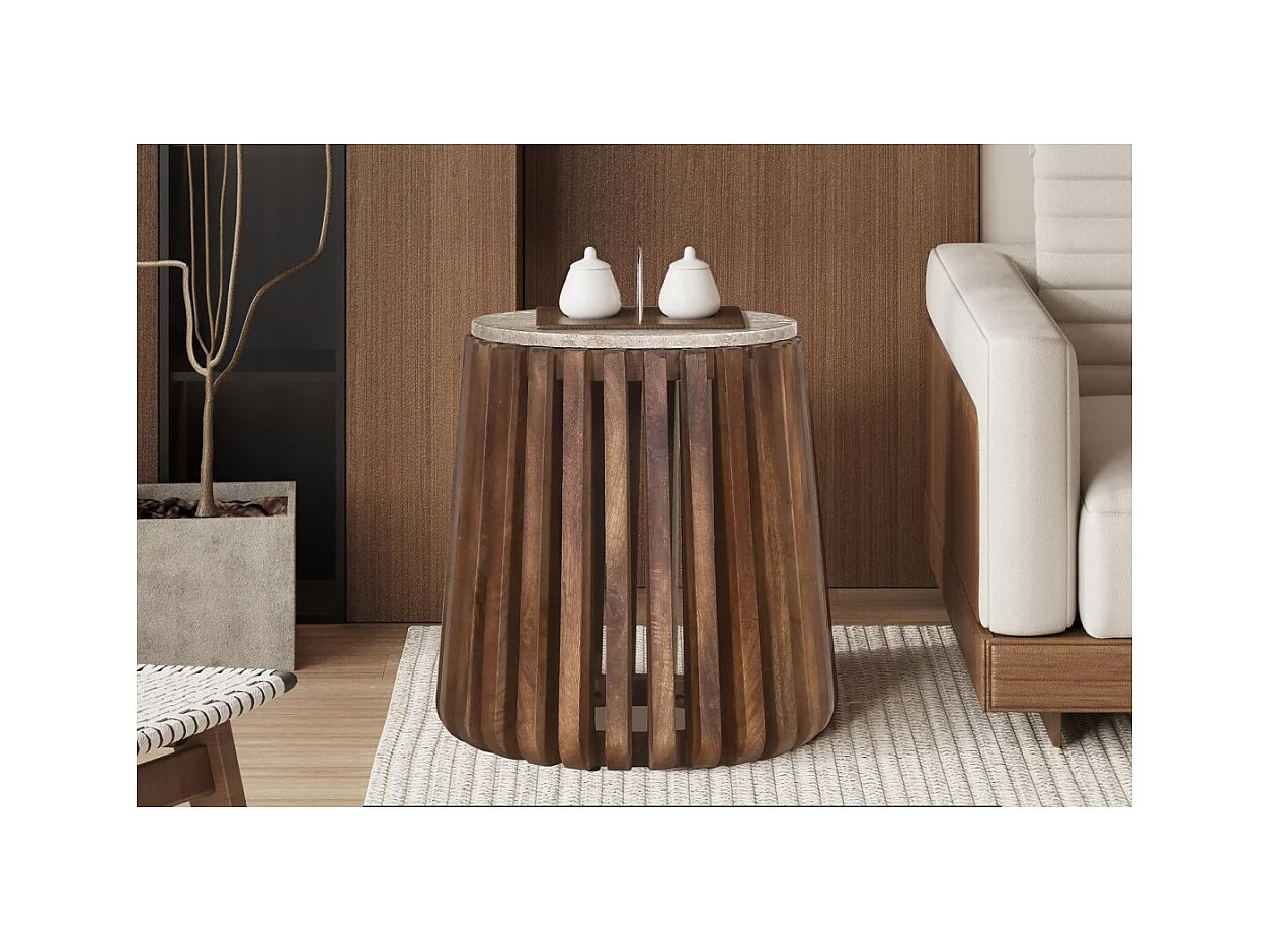 Mesa baja MAELORA – Mesa baja redonda Ø40 cm – Madera de mango & travertino – Diseño natural y compacto