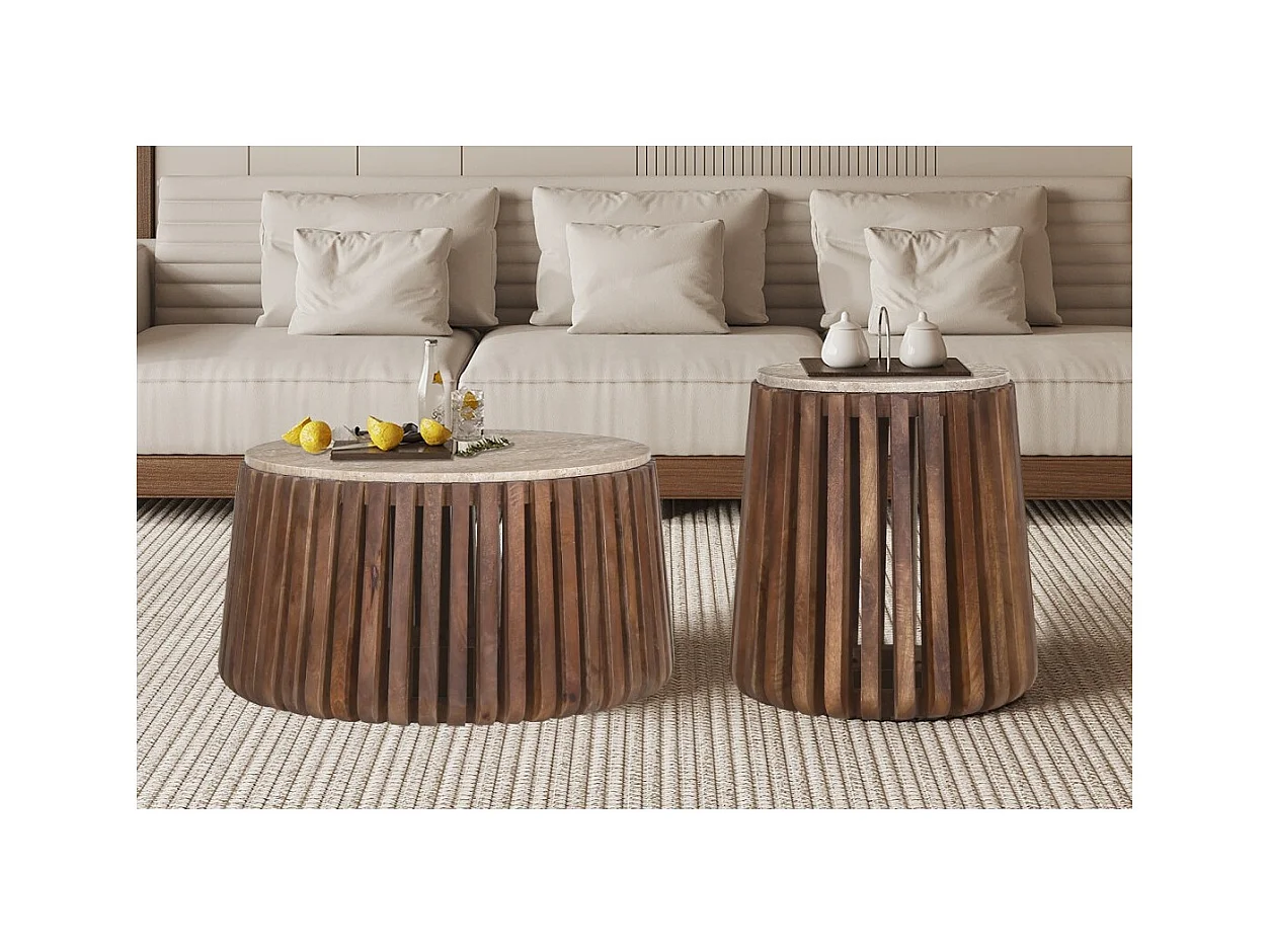 Mesa baja MAELORA – Mesa baja redonda Ø40 cm – Madera de mango & travertino – Diseño natural y compacto