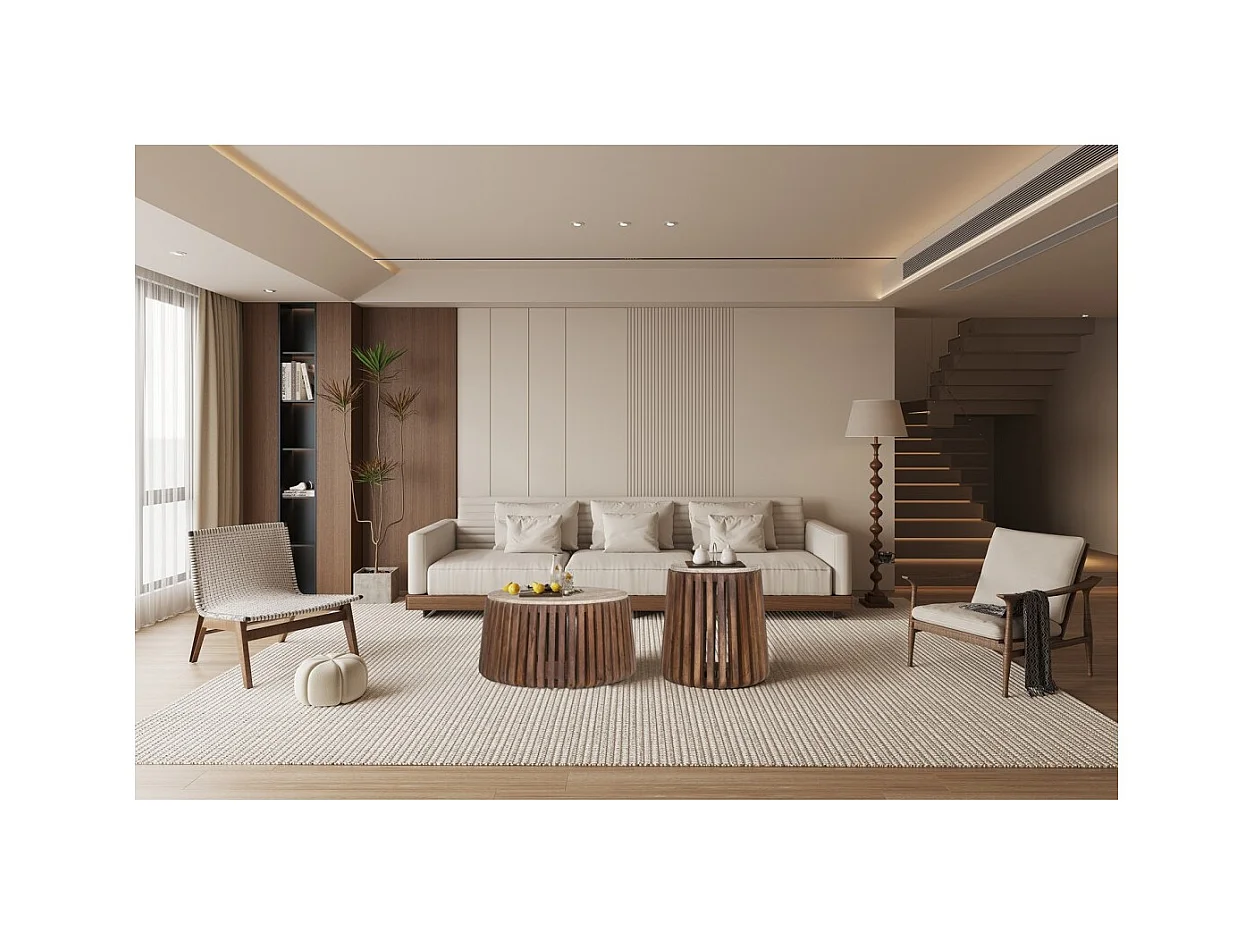 Mesa baja MAELORA – Mesa baja redonda Ø40 cm – Madera de mango & travertino – Diseño natural y compacto