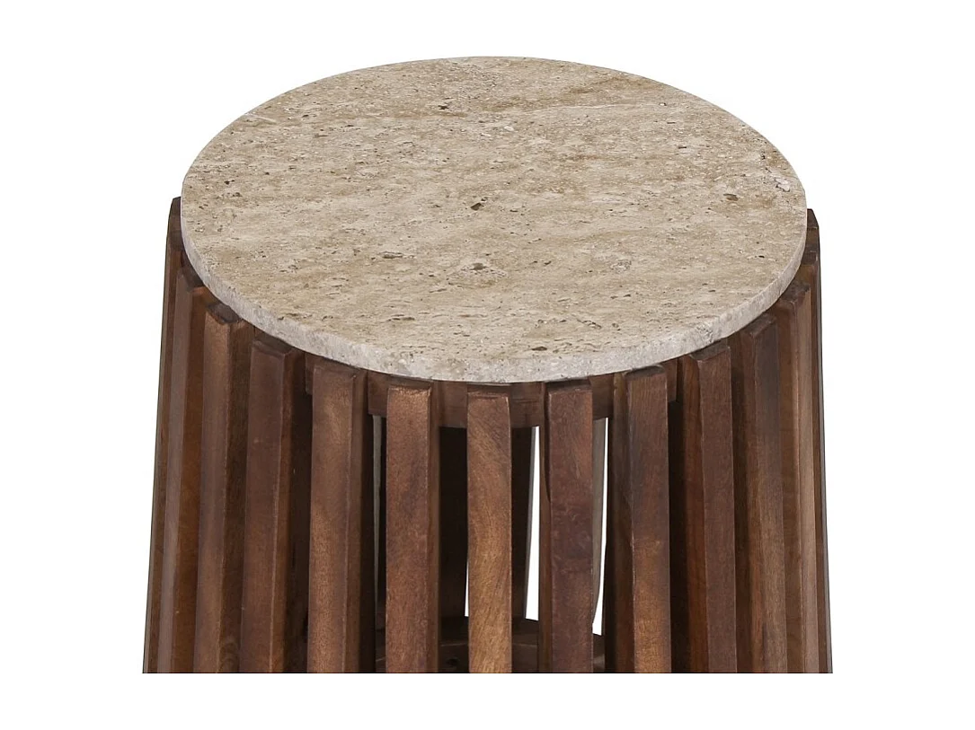 Mesa baja MAELORA – Mesa baja redonda Ø40 cm – Madera de mango & travertino – Diseño natural y compacto