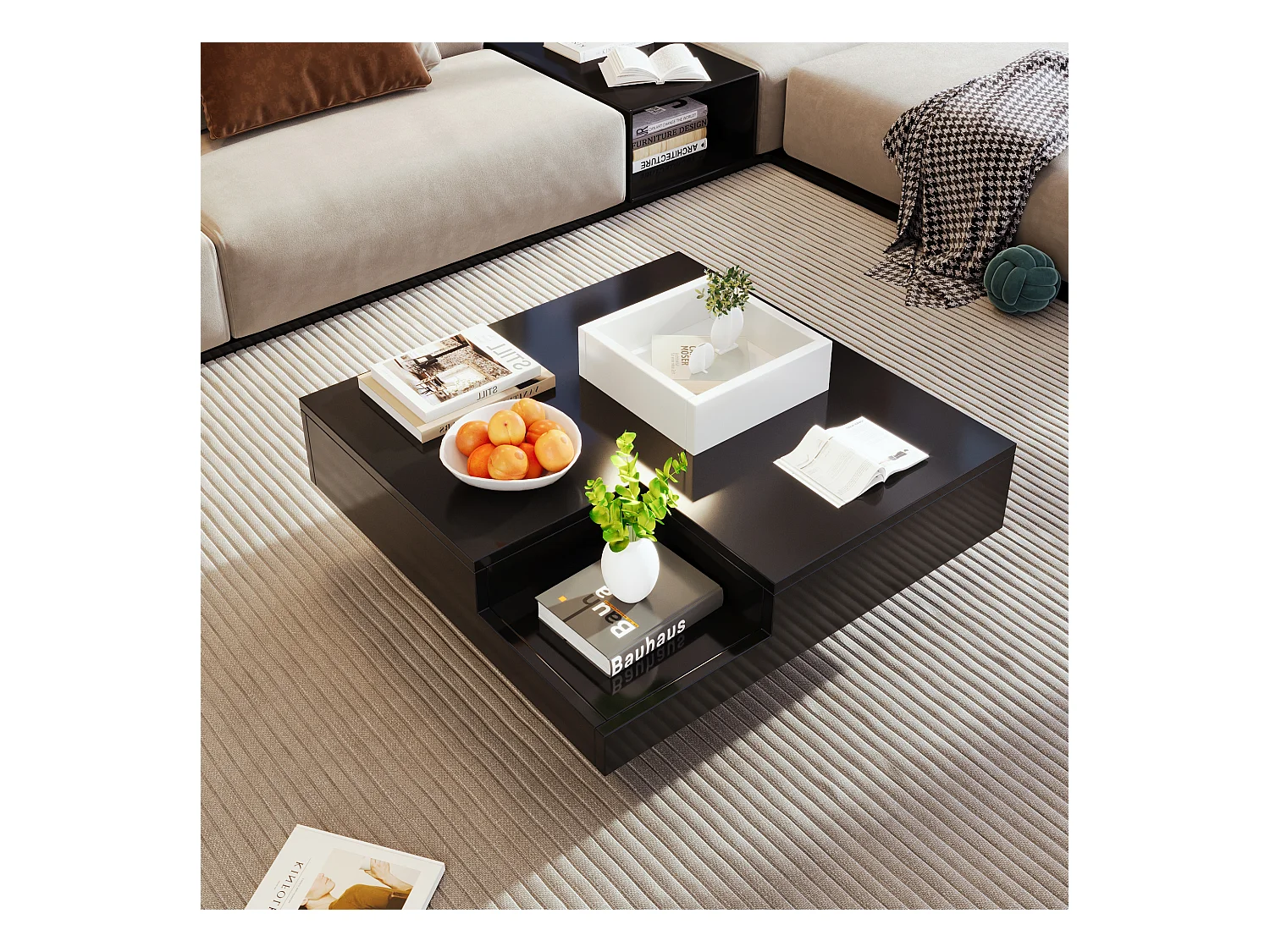 Table basse de salon 72x72x30 cm - Table basse noire avec coffre de rangement amovible - éclairage LED