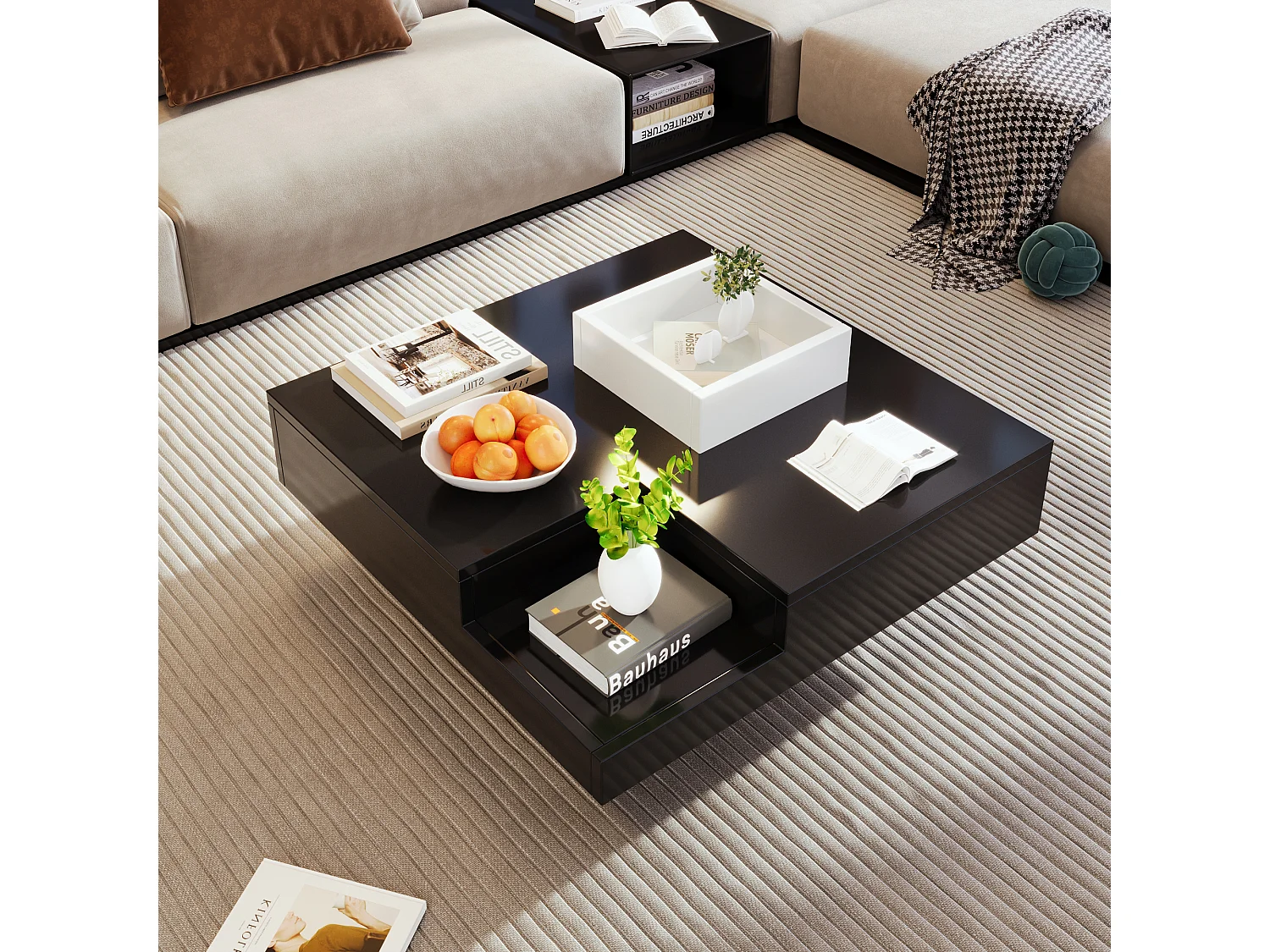 Table basse de salon 72x72x30 cm - Table basse noire avec coffre de rangement amovible - éclairage LED