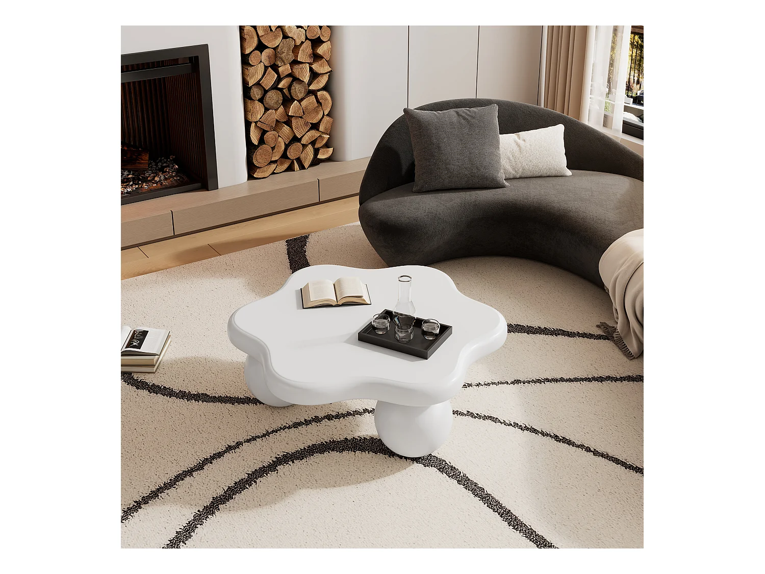 Table basse simple - 80 x 72 x 32 cm - pour le salon - en forme de fleur - MDF - blanc