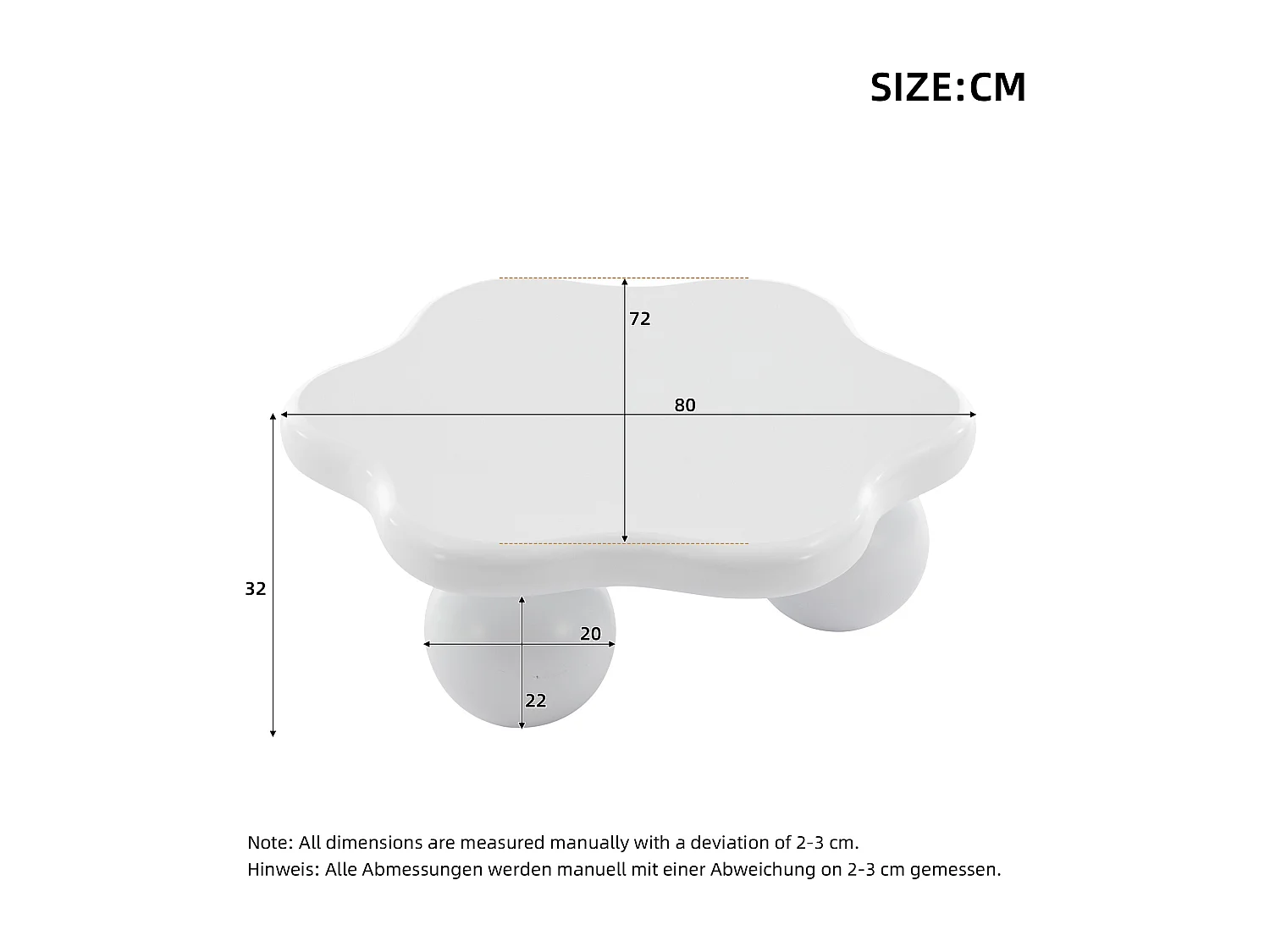 Table basse simple - 80 x 72 x 32 cm - pour le salon - en forme de fleur - MDF - blanc