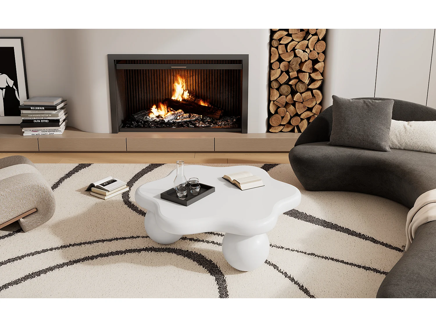 Table basse simple - 80 x 72 x 32 cm - pour le salon - en forme de fleur - MDF - blanc