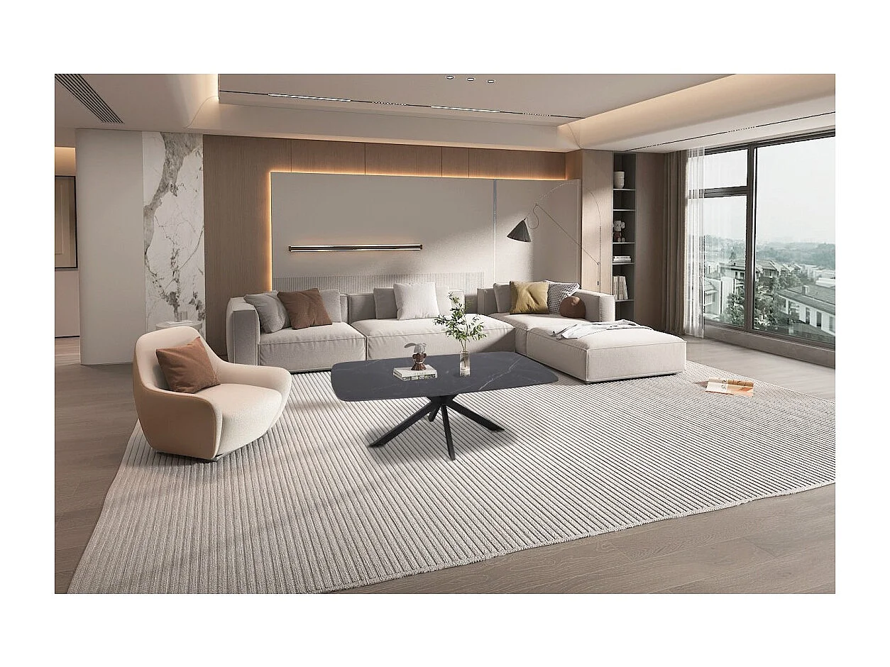 Table basse ARVENA – Table basse rectangulaire 130x70 cm – Pierre noire & métal – Design élégant et contemporain