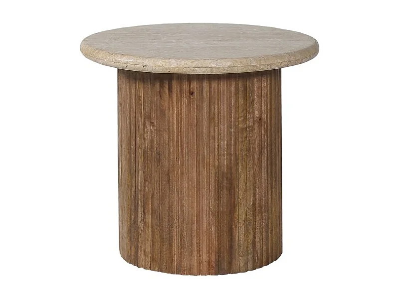 Mesa baja MAELORA – Mesa baja redonda Ø50 cm – Madera de mango & travertino – Diseño natural y elegante