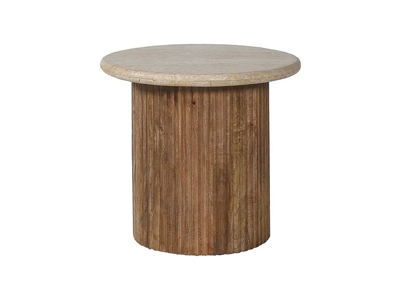 Mesa baja MAELORA – Mesa baja redonda Ø50 cm – Madera de mango & travertino – Diseño natural y elegante