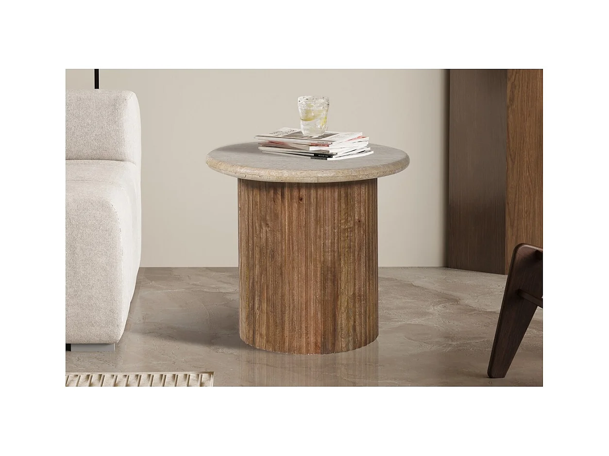 Mesa baja MAELORA – Mesa baja redonda Ø50 cm – Madera de mango & travertino – Diseño natural y elegante
