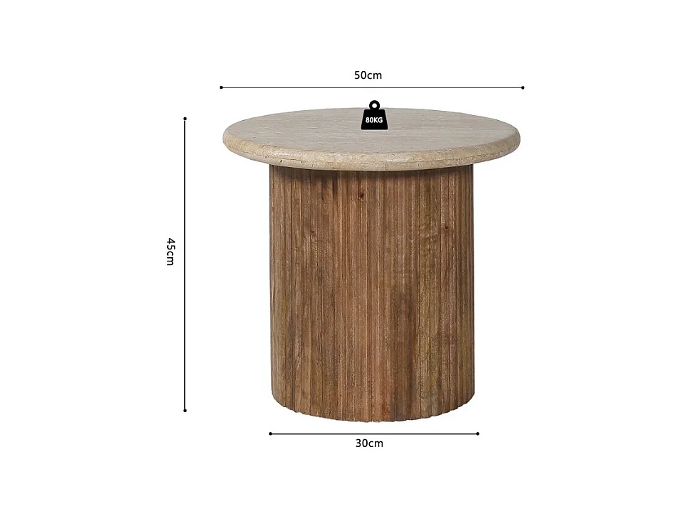 Mesa baja MAELORA – Mesa baja redonda Ø50 cm – Madera de mango & travertino – Diseño natural y elegante