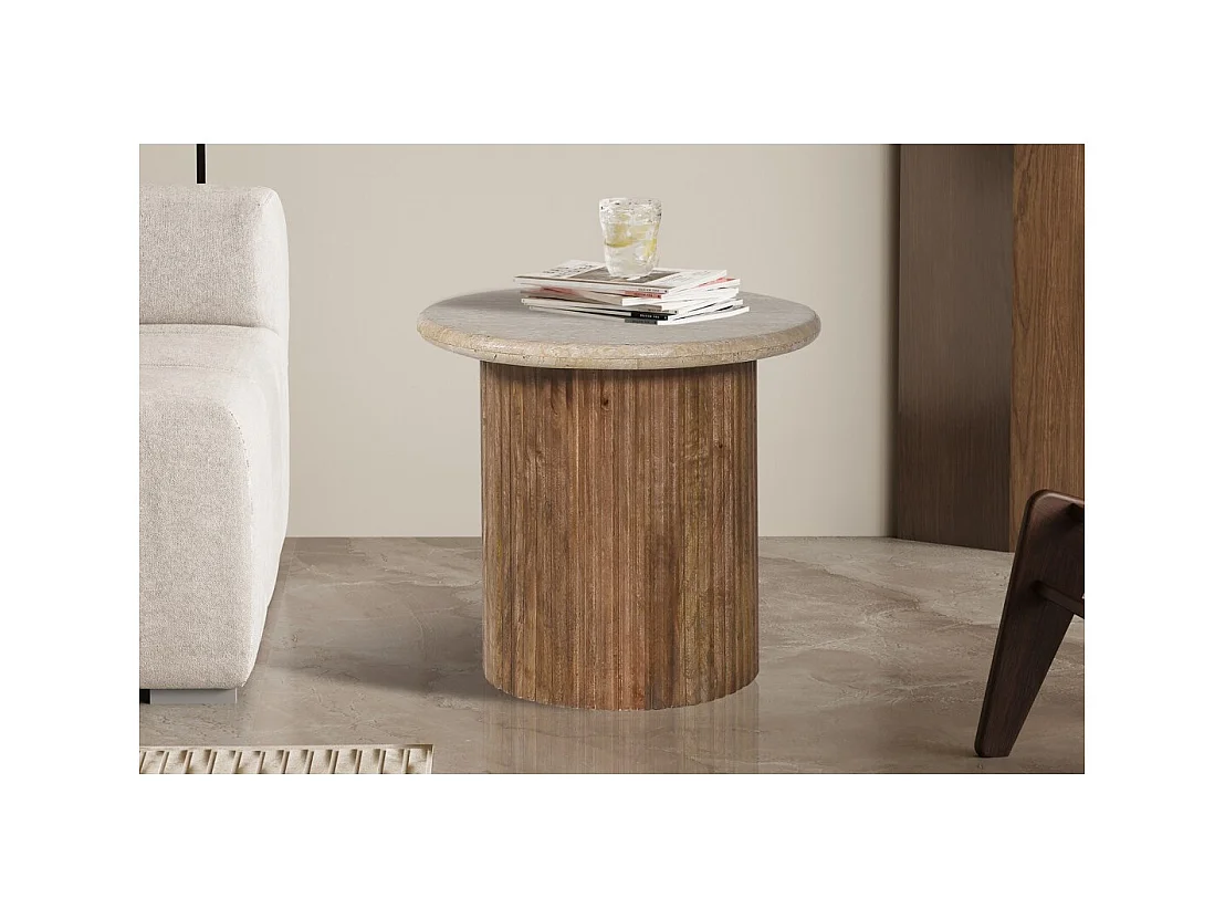 Mesa baja MAELORA – Mesa baja redonda Ø50 cm – Madera de mango & travertino – Diseño natural y elegante