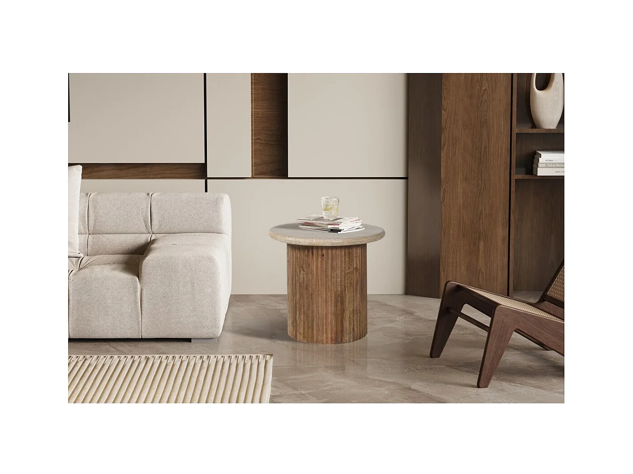 Mesa baja MAELORA – Mesa baja redonda Ø50 cm – Madera de mango & travertino – Diseño natural y elegante