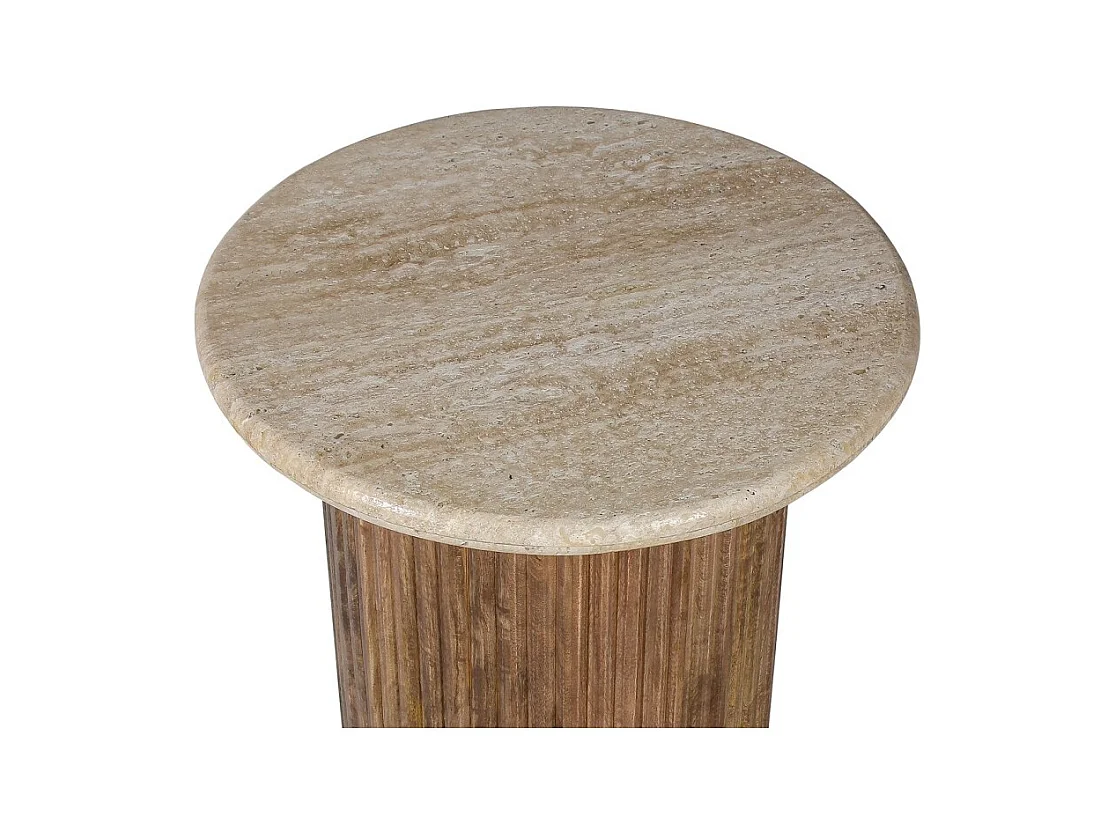 Mesa baja MAELORA – Mesa baja redonda Ø50 cm – Madera de mango & travertino – Diseño natural y elegante