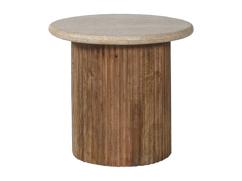 Table de centro MAELORA – Mesa de centro redonda Ø50 cm – Madeira de mangueira & travertino – Design natural e elegante