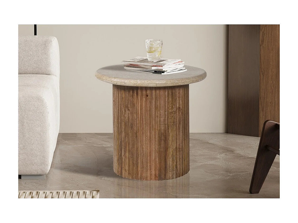 Table de centro MAELORA – Mesa de centro redonda Ø50 cm – Madeira de mangueira & travertino – Design natural e elegante