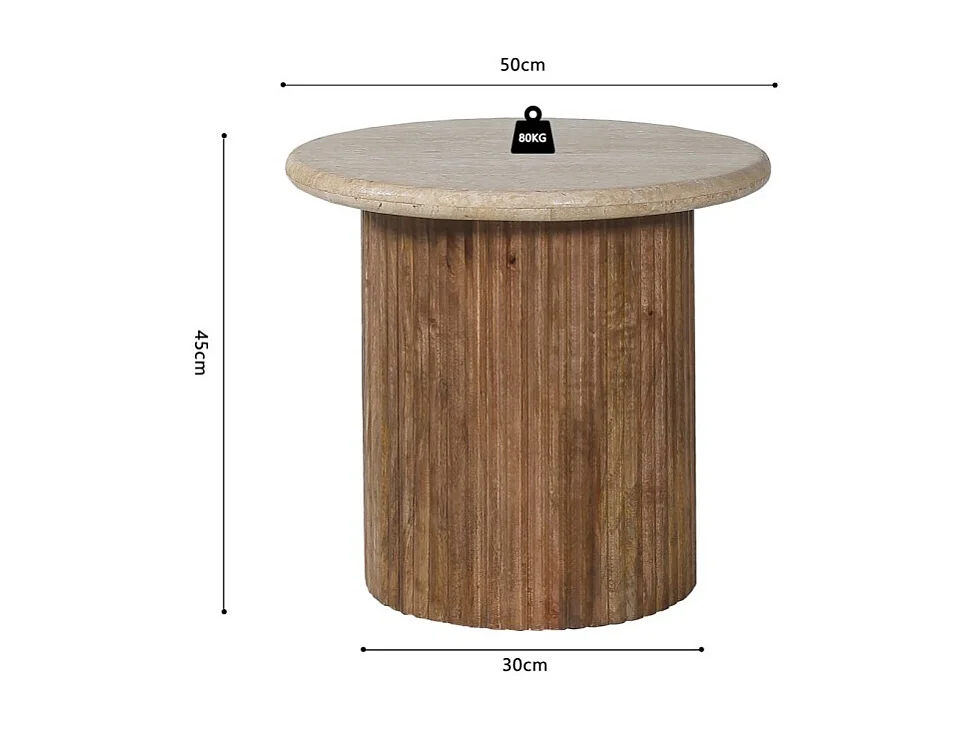 Table de centro MAELORA – Mesa de centro redonda Ø50 cm – Madeira de mangueira & travertino – Design natural e elegante