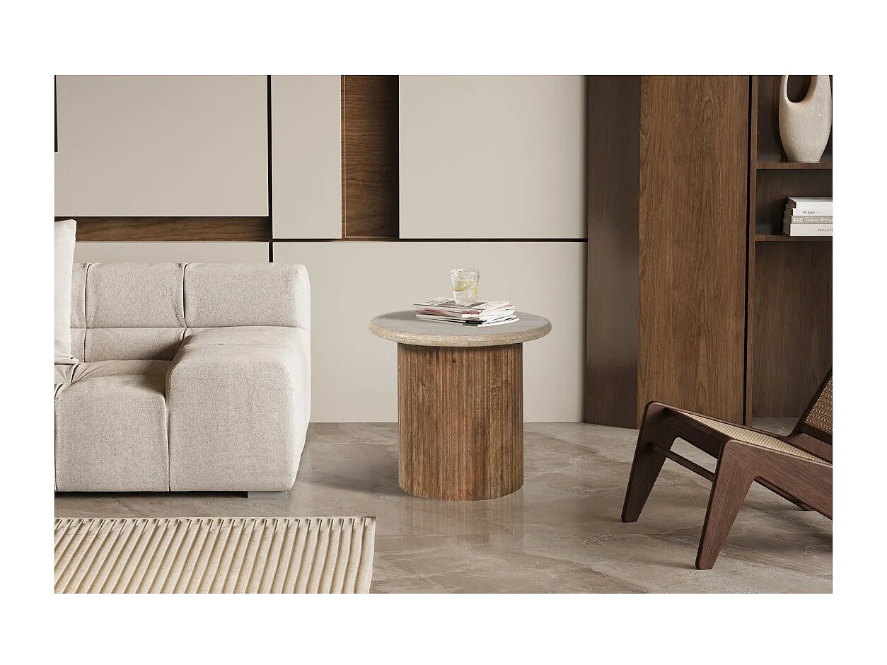 Table de centro MAELORA – Mesa de centro redonda Ø50 cm – Madeira de mangueira & travertino – Design natural e elegante